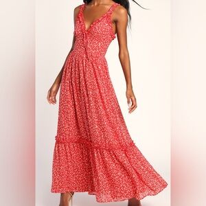 Lulus Summer Ease Red Floral Chiffon Maxi Dress Tie-Back Open Back Size M